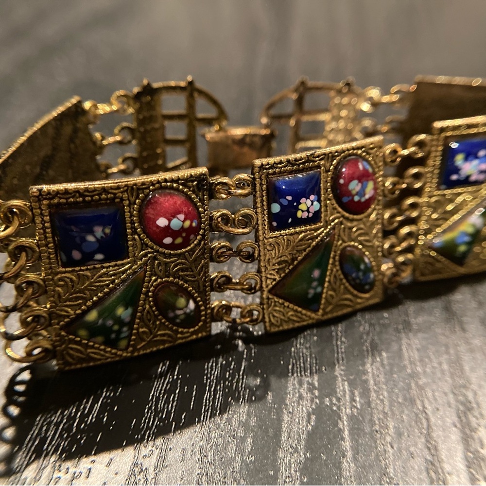 Vintage 1960s Bronzed Gold Tone/Enameled Geometric Panel Bracelet